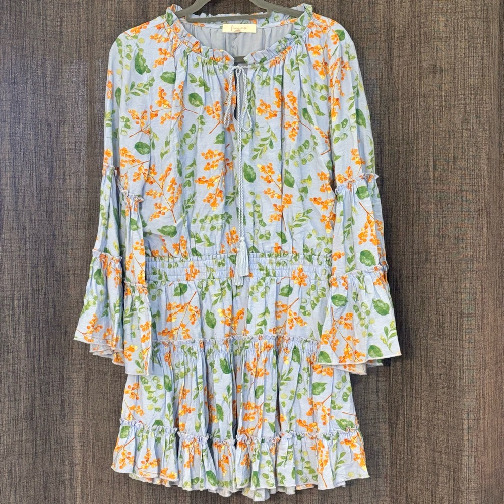Fanco Women’s Floral Long Sleeve Dress Blue SZ L Bell Sleeves Boho Fully Lined